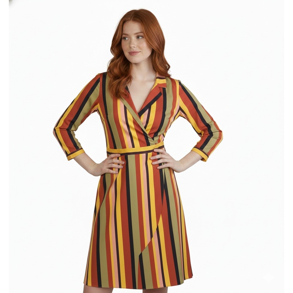 MADISON Striped Wrap Shirt Dress Womens Medium Midi Belted 3/4 Sleeve Multicolor